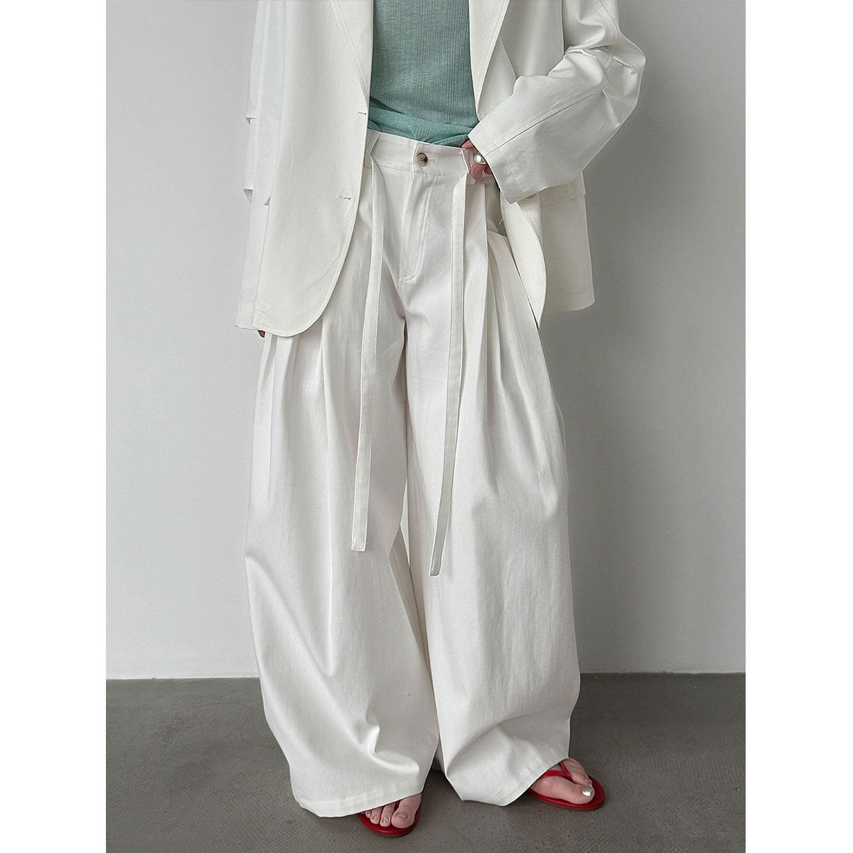 Korean design waist lace-up wide-leg pants women's 26 spring new pleated versatile casual pants