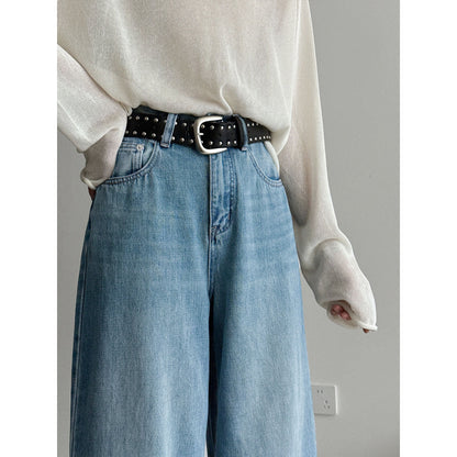Korean version of high waist wide leg jeans women's spring loose and thin rivet belt straight mopping pants