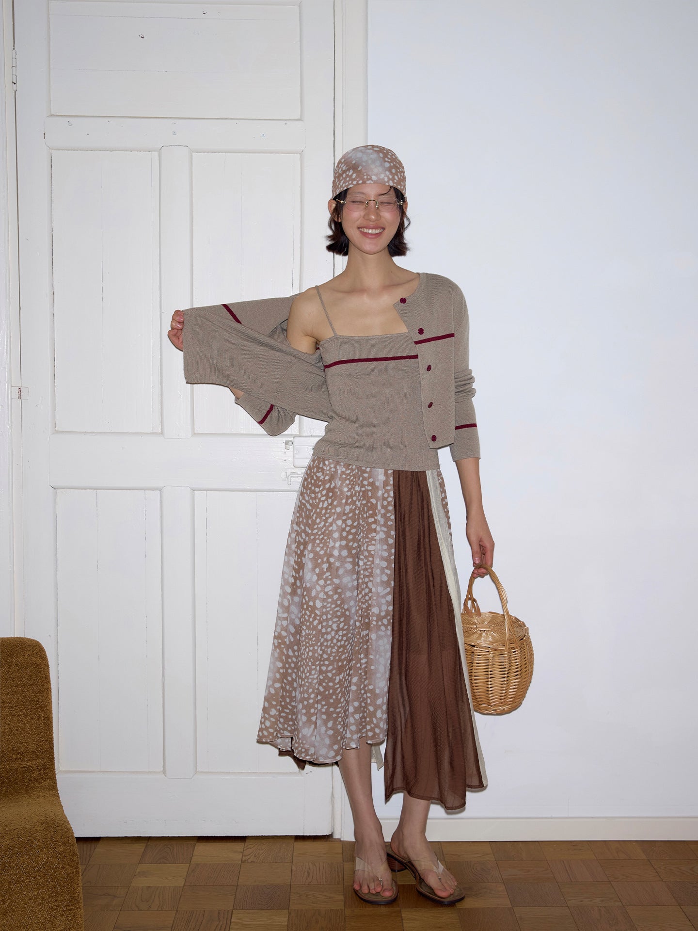 Irregular printing and dyeing chiffon splicing skirt literary Mori medium and long skirt
