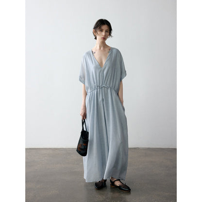 Summer new design Tencel V-neck drawstring waist glossy dress