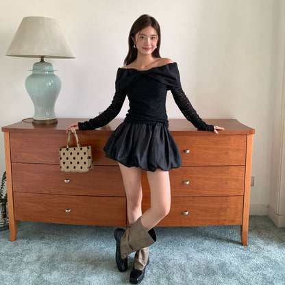 Sweet crochet hollow long-sleeved shoulder knit top