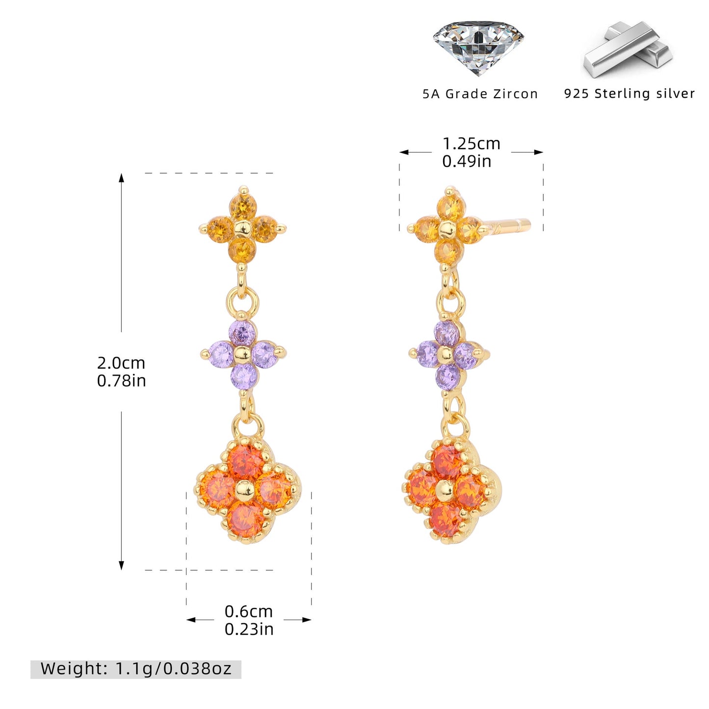925 Sterling Silver Stud Earrings Color Zirconium Flower Earrings