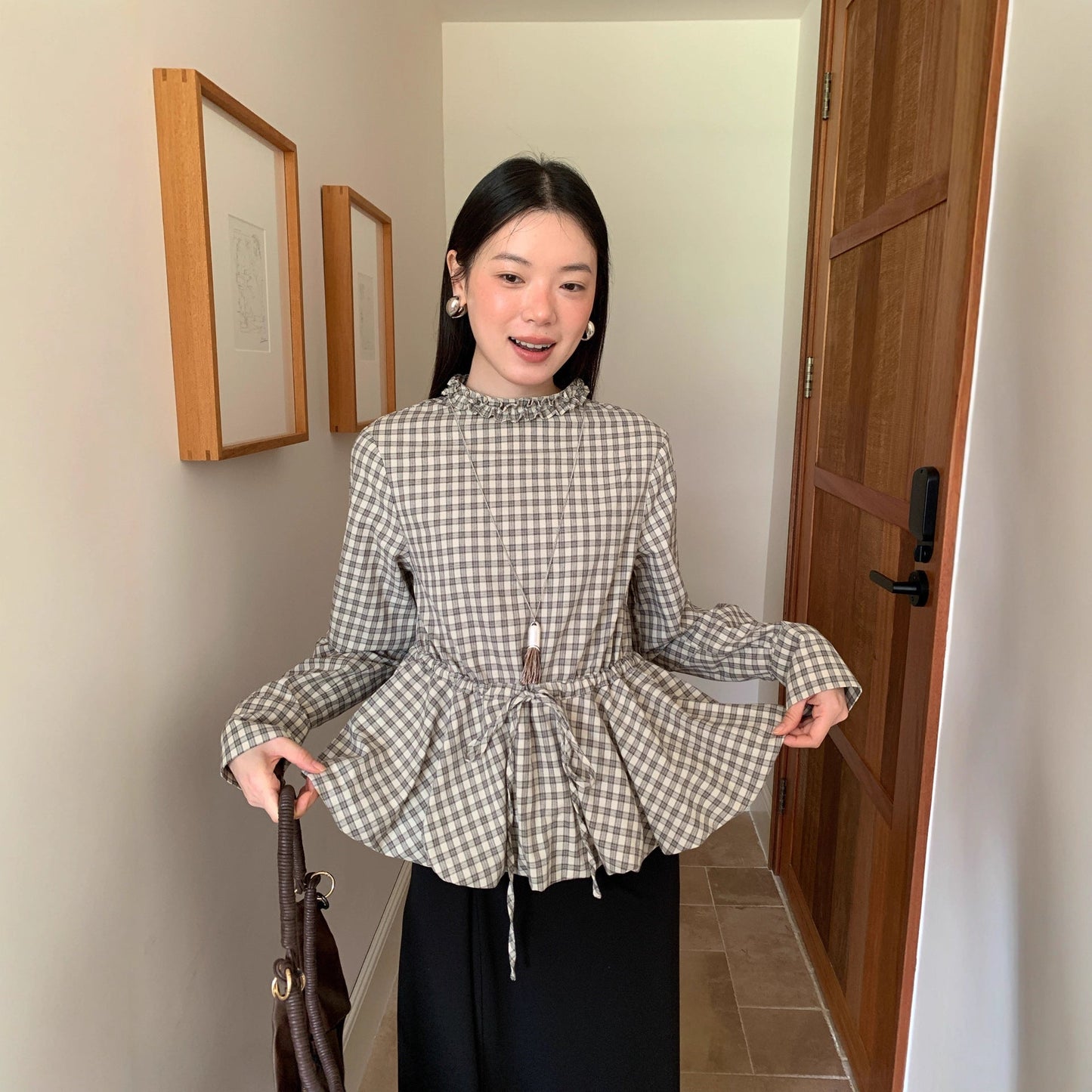 Autumn retro plaid waist design long-sleeved fungus edge stand-up collar shirt