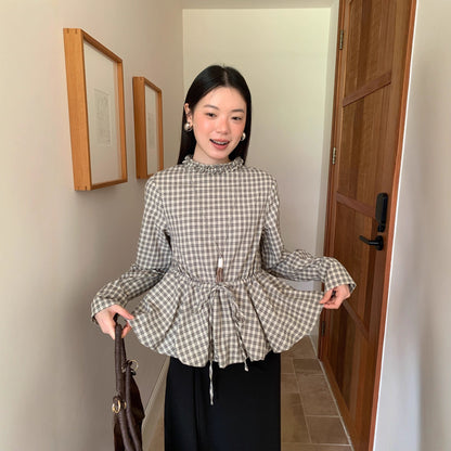 Autumn retro plaid waist design long-sleeved fungus edge stand-up collar shirt