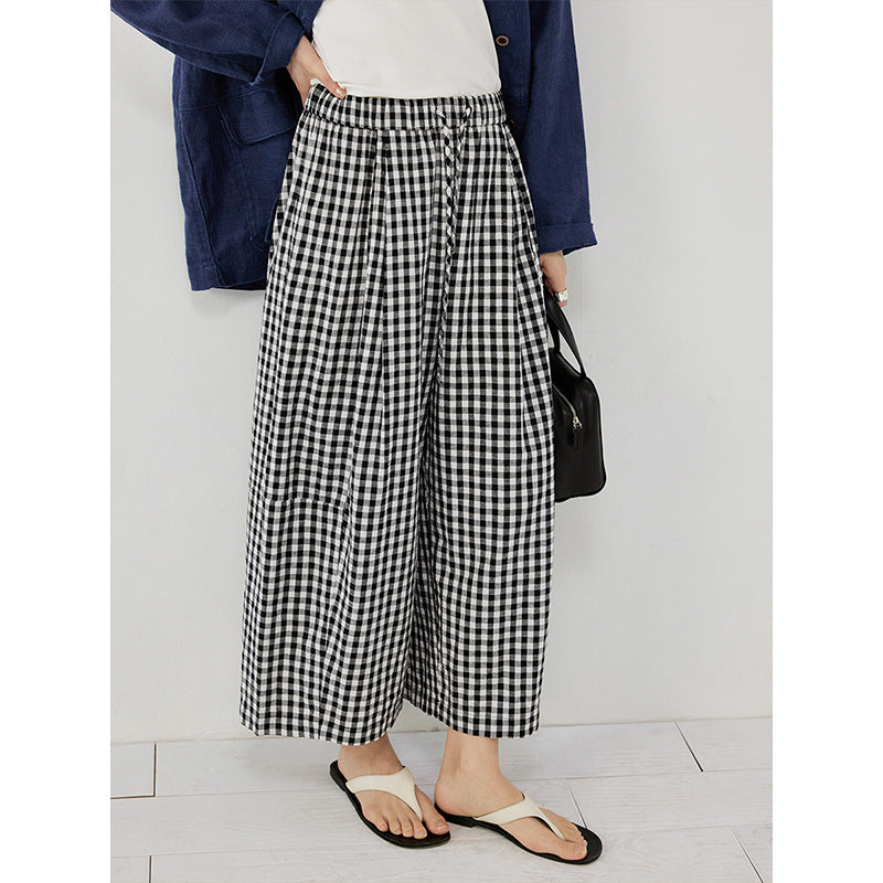Hip covering thin scimitar balloon pants elastic casual pants contrasting plaid pants