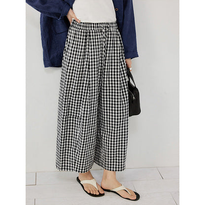 Hip covering thin scimitar balloon pants elastic casual pants contrasting plaid pants