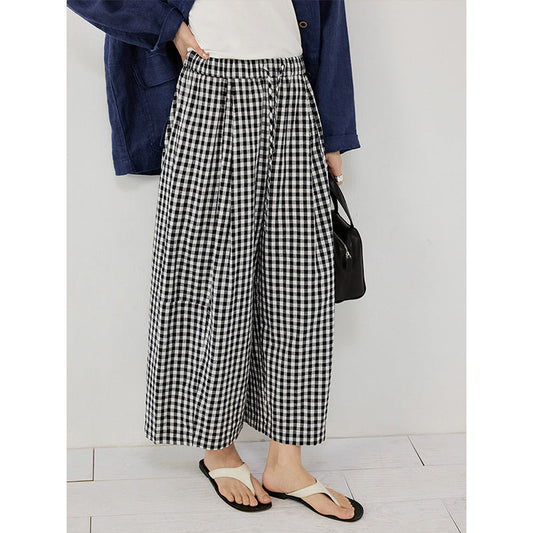 Hip covering thin scimitar balloon pants elastic casual pants contrasting plaid pants