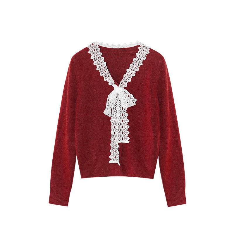 Sweet age-reducing lace-lace-up V-neck pullover sweater
