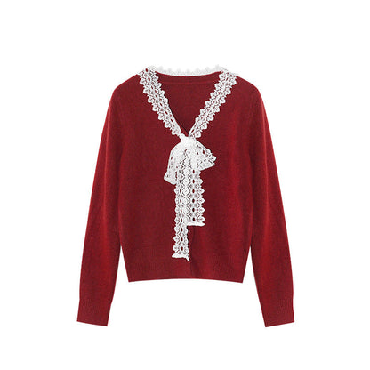 Sweet age-reducing lace-lace-up V-neck pullover sweater