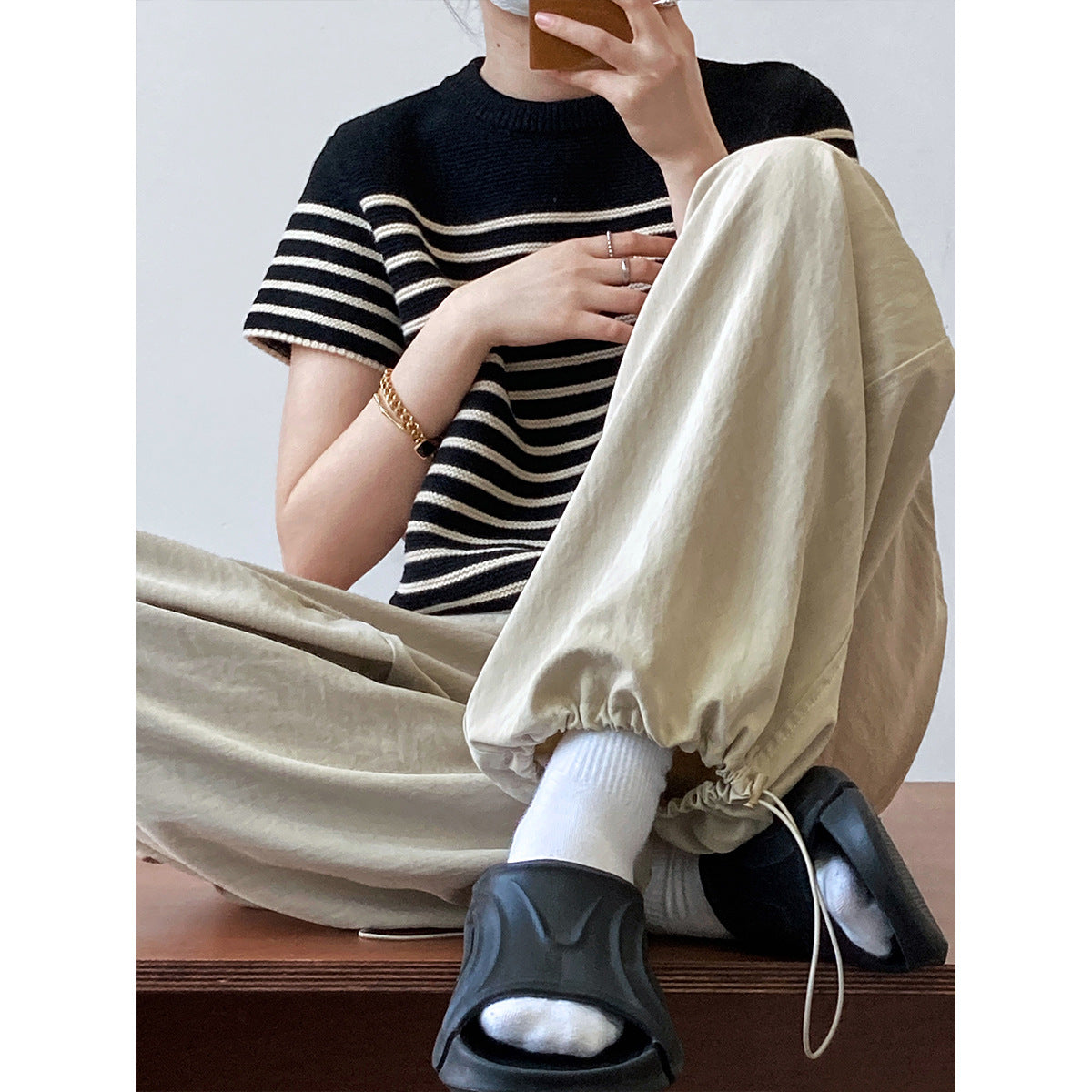 Japanese lazy slacks drawstring elastic high waist loose silhouette slimming workwear style wide-leg pants for women
