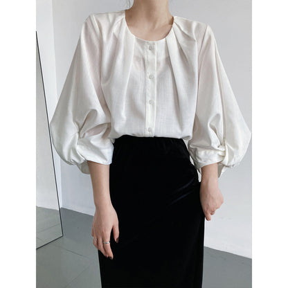 Cotton and linen texture lantern sleeve shirt