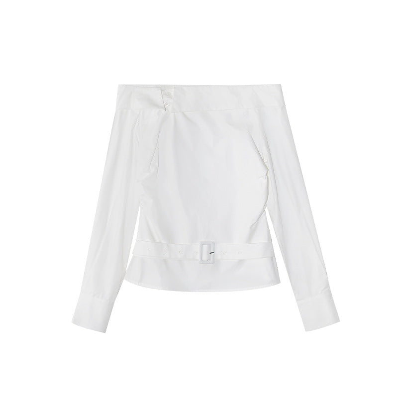 Temperament Design Sense Long Sleeve Curled Shoulder Shirt Top