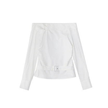 Temperament Design Sense Long Sleeve Curled Shoulder Shirt Top