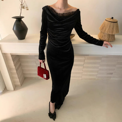 Elegant and slim velvet slingneck temperament dress