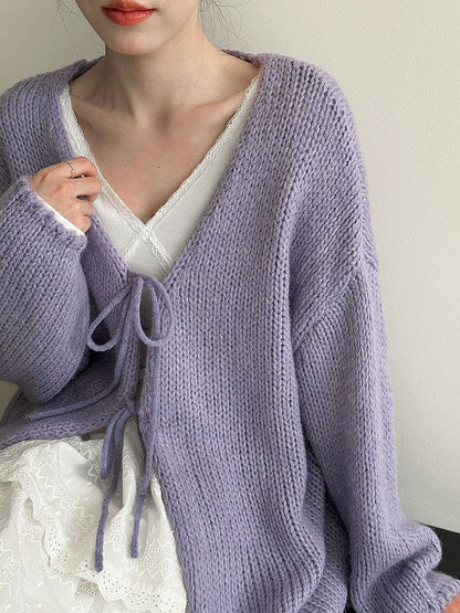 Retro wool lazy soft waxy knitted lace-up cardigan women's early spring new gentle and light sweater