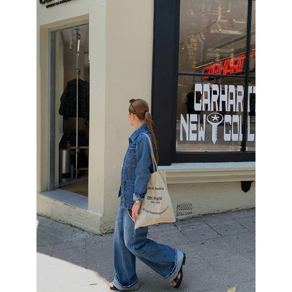 Early spring retro Hong Kong wind wash cotton high waist loose slightly pulled jeans