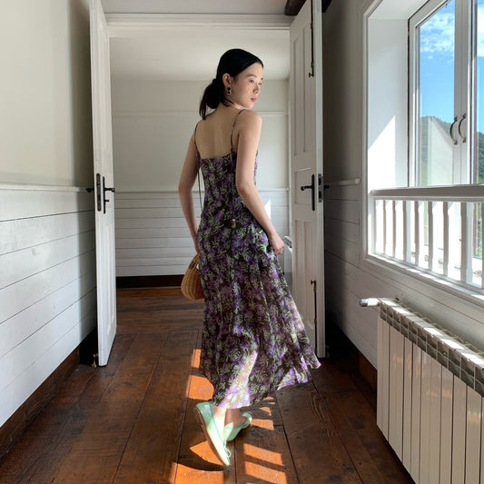 Holiday backless suspender floral dress long dress