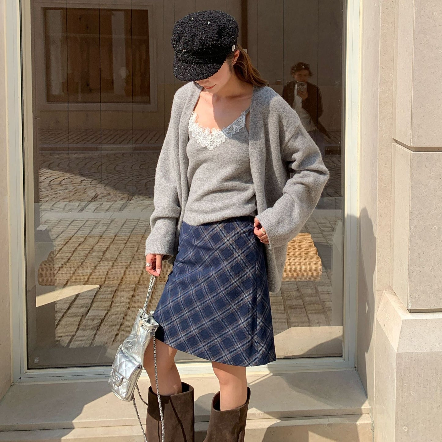 High waist classic plaid a word skirt women