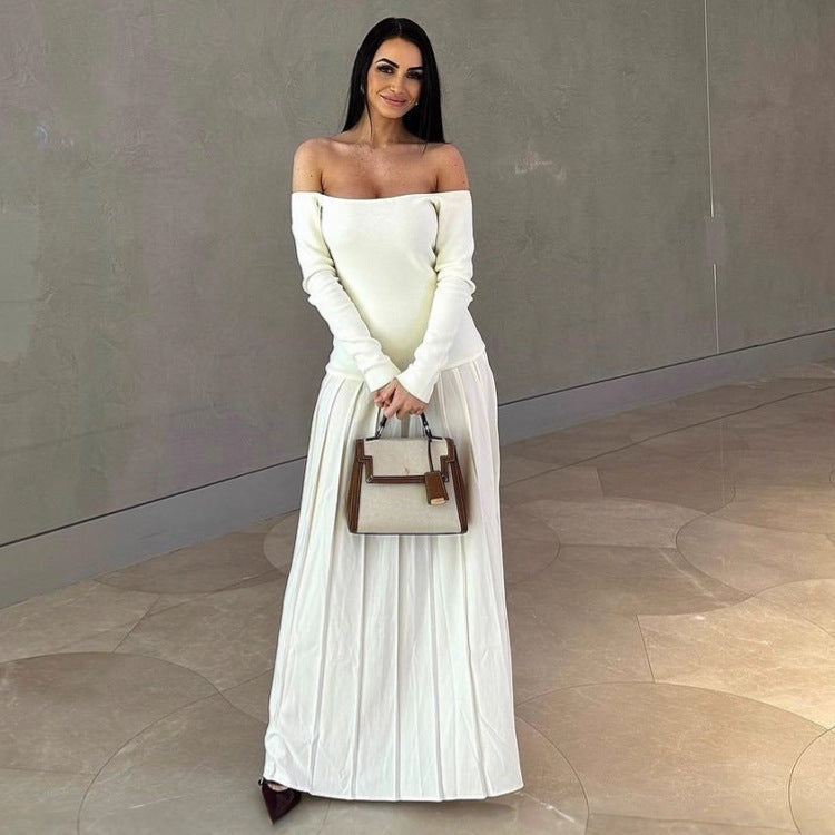 Sexy off-the-shoulder long-sleeved split pleated skirt splicing one-word shoulder European and American dress
