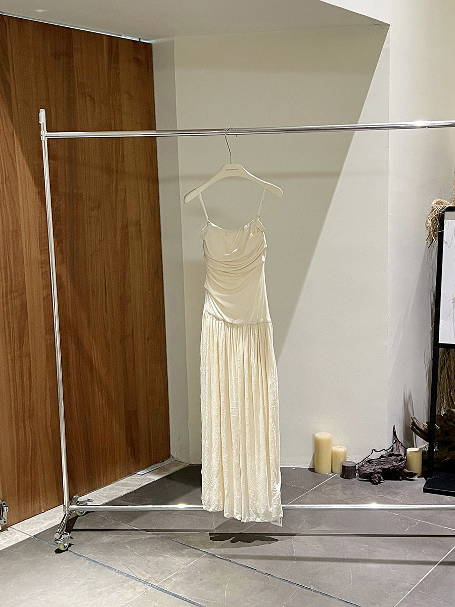 Sleeveless Pleated Dress Women Mid Waist Spaghetti Strap Maxi