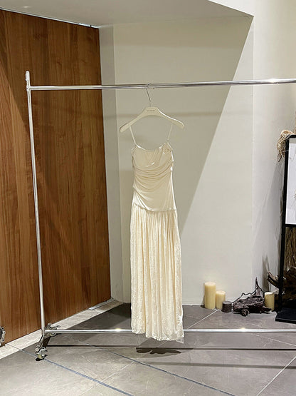 Sleeveless Pleated Dress Women Mid Waist Spaghetti Strap Maxi