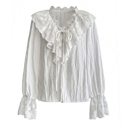 French V-Neck Lace Shirt Women's 26 Early Spring Gentle Wind Lace-Up Flared Sleeve Shirt