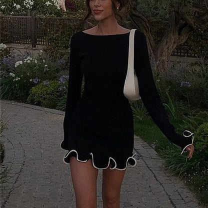 Spot sexy tight short skirt ruffle edge skirt long sleeve knitted dress skirt lace