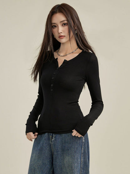 Henley Collar Tencel Wool T-Shirt Women Long Sleeve Slim Fit Knitted Top