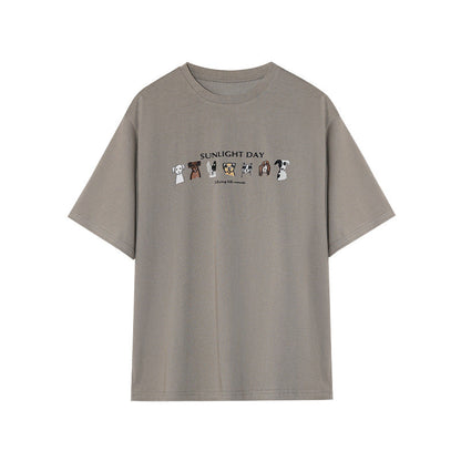 Early Spring Casual Crew Neck Puppy Print Shoulder Short Sleeve T-Shirt Top