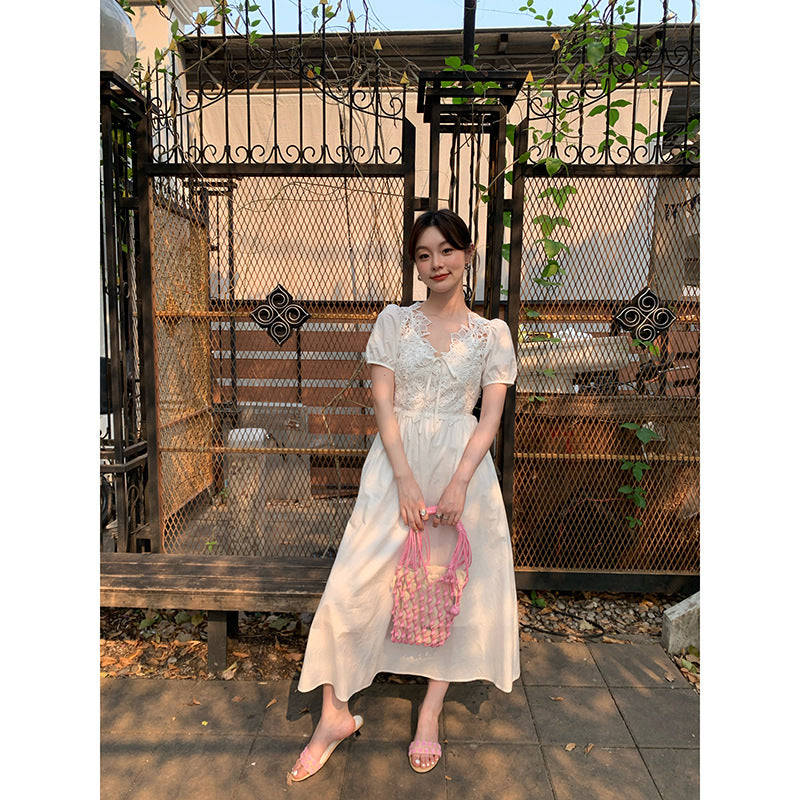 French beautiful waist lace heavy industry short-sleeved dress