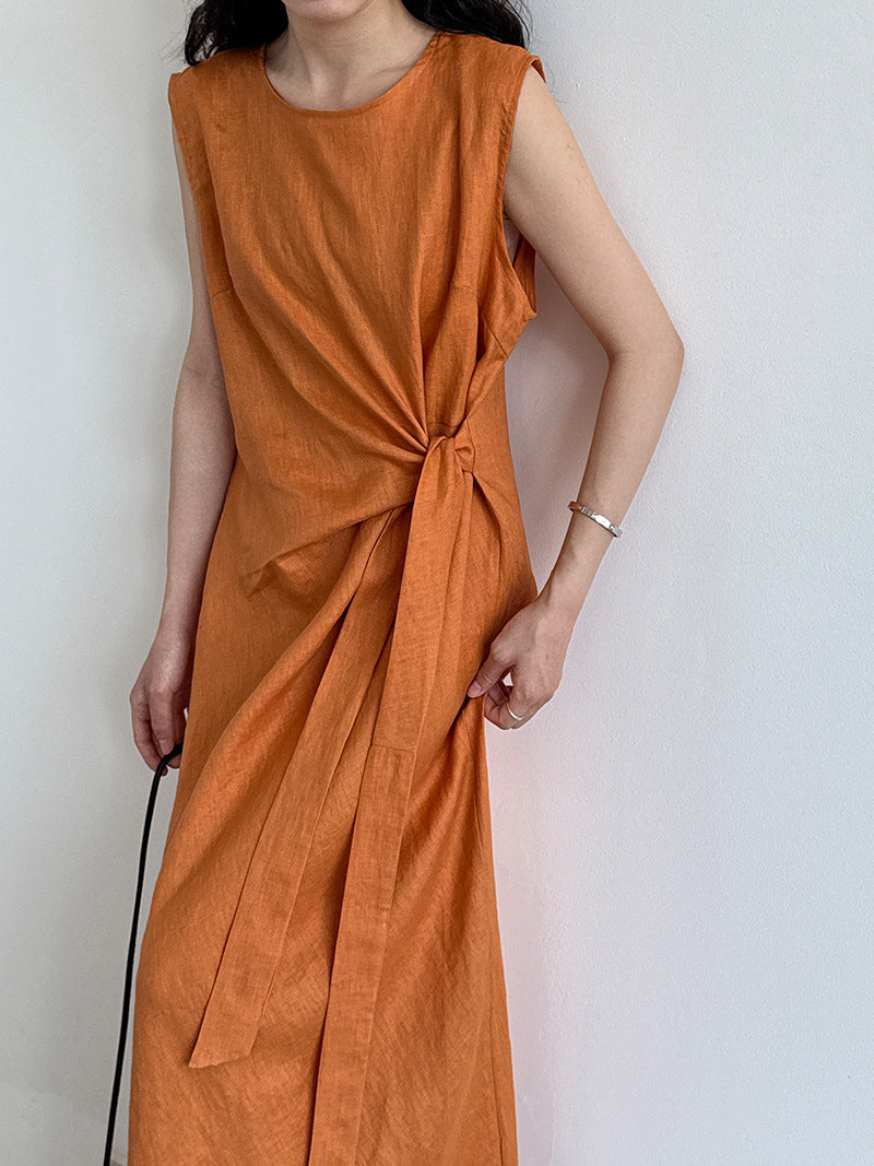 100% ramie french chic twist knot tie waist tank dress - new summer slimming dress