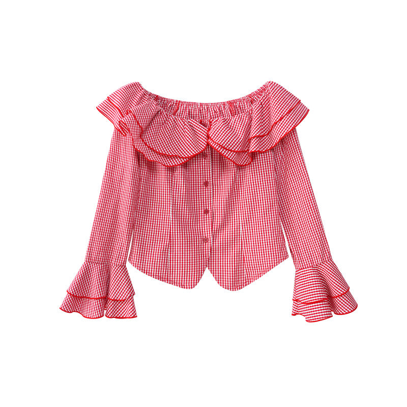Skinny Plaid Lotus Leaf Shoulder Shirt