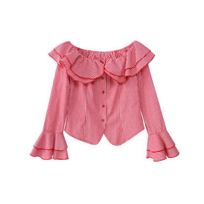 Skinny Plaid Lotus Leaf Shoulder Shirt
