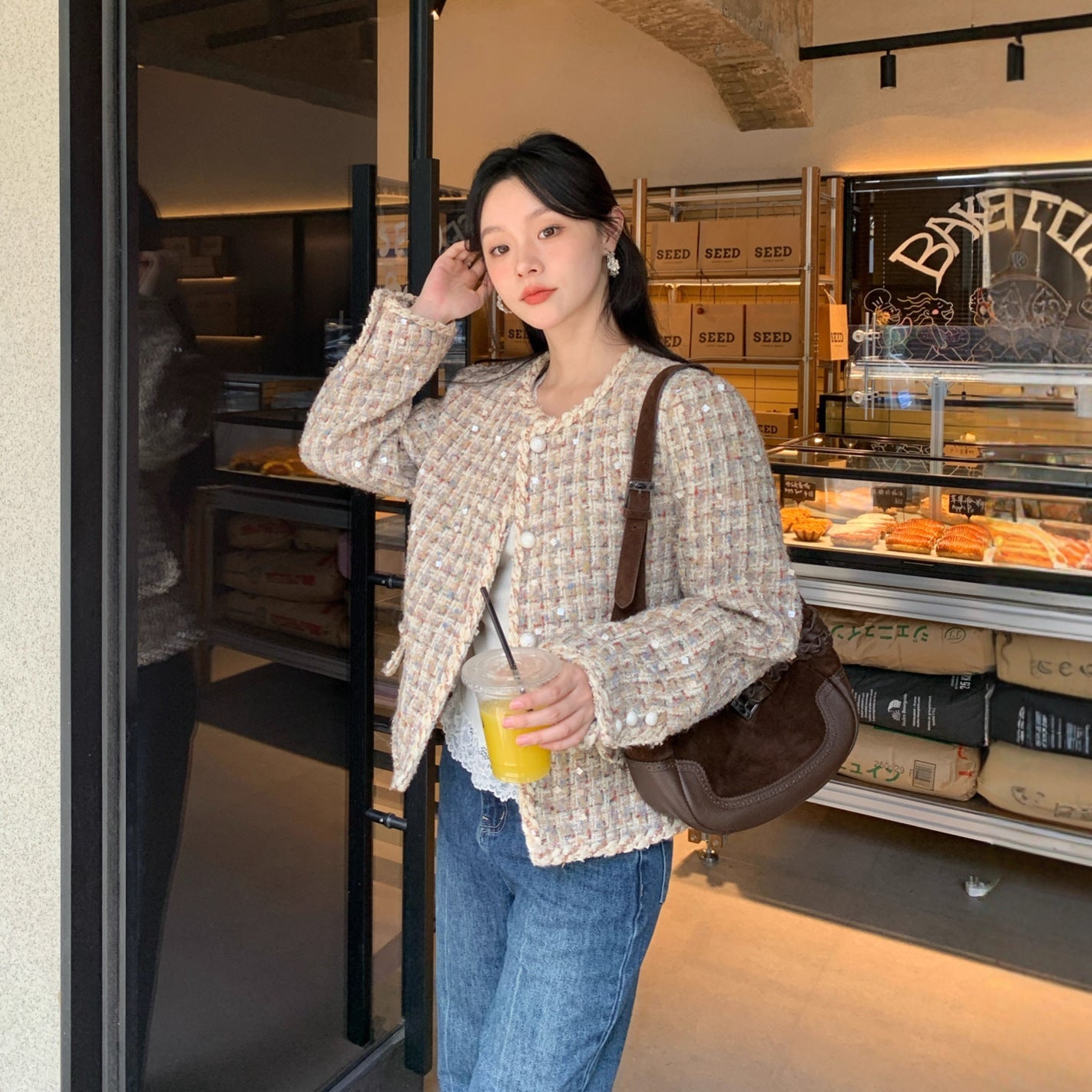 tweed sequined twist small fragrant short coat female