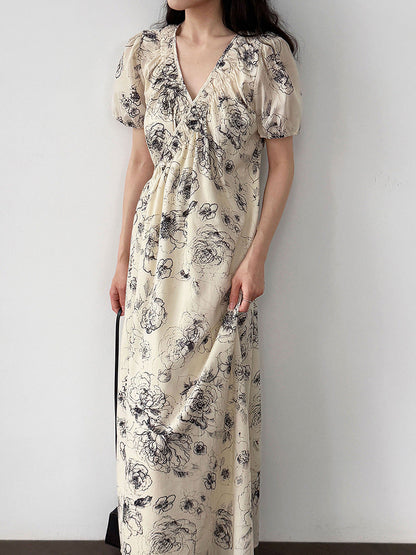 French classic ink painting floral one-piece dress, summer new high-end coffee break dress