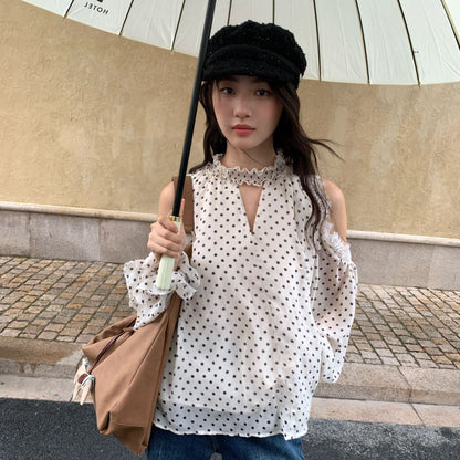 Lace polka dot flared sleeve neck off-the-shoulder shirt