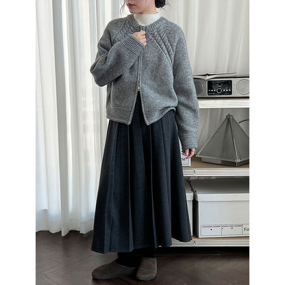 Korean double-ended zipper crew neck knitted jacket women's autumn and winter twisted flower high-end thick sweater cardigan
