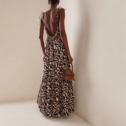 Women's Fashion Printed Long Dress Loose Halter Holiday Style Sexy Suspender Dress