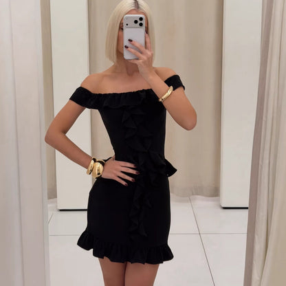 Sexy one-word shoulder dress slim-fitting ruffle edge short skirt wind waist hip skirt