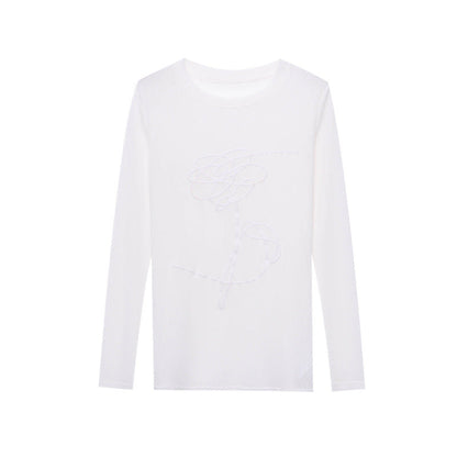 Round Neck Long Sleeve T-Shirt Women Sheer Pullover Mid-Length Top