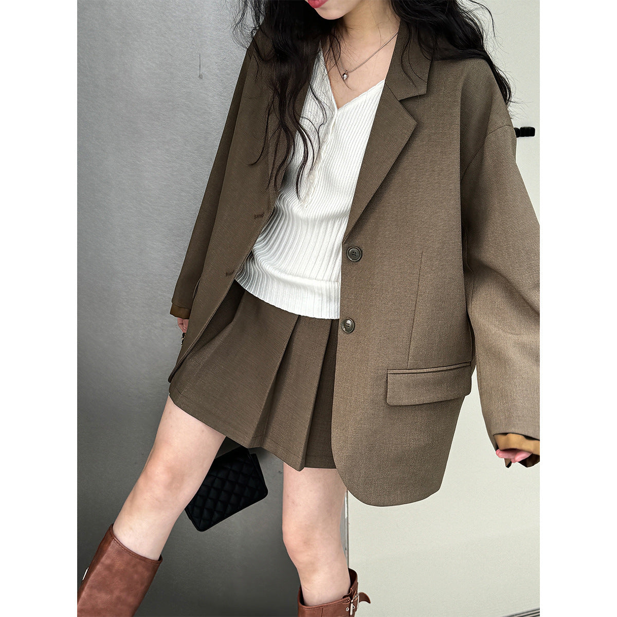 Korean high-end casual suit women's cuff splicing blazer + pleated skirt suit