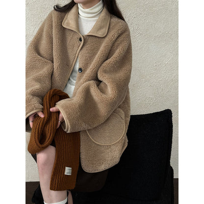 Autumn and winter high-end thickened fur integrated coat women's new lamb wool retro straight coat