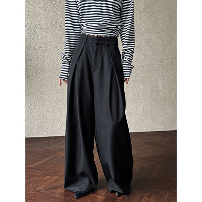 Vintage casual high-waisted lace splicing wide-leg suit pants women's spring drape straight floor trousers