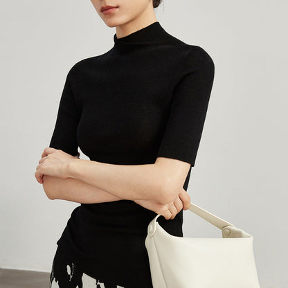 Semi-Turtleneck Wool Sweater Women Slim Fit Three-Quarter Sleeve Knit Top