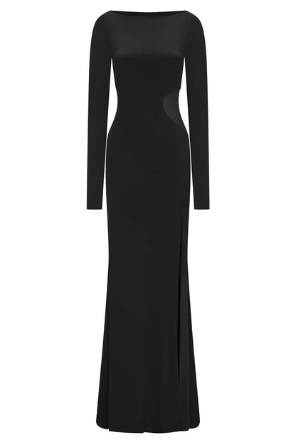 Fashion long-sleeved one-word collar split-ended long dress hollow perspective sexy dress