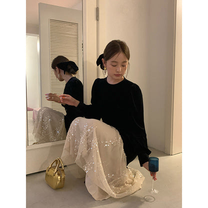 Light luxury high-end spliced velvet dress