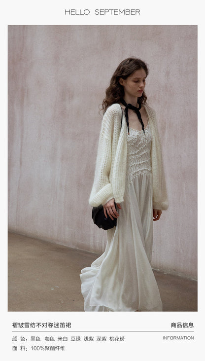 Vintage pleated chiffon asymmetric MIDI suspender skirt adjustable shoulder strap