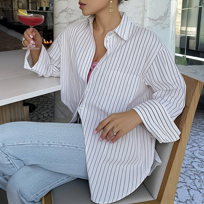 Striped Long Sleeve Blouse Women Loose Fit Round Neck Button-Up Shirt