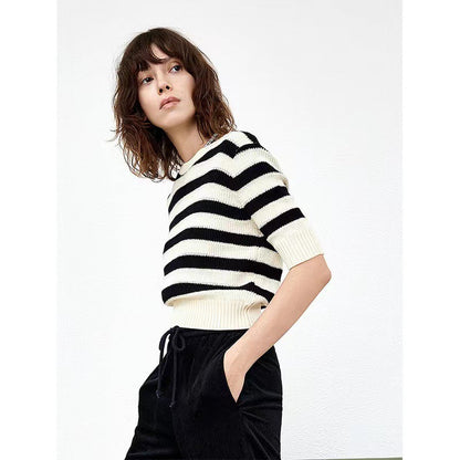 Spring and summer crew neck pullover five-quarter sleeve top