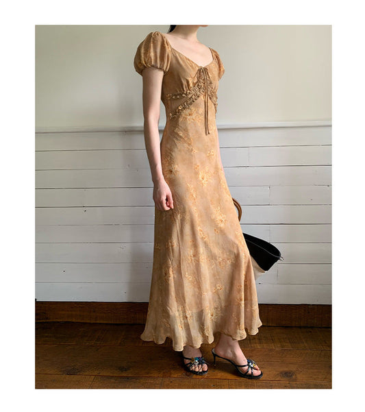 Gentle temperament waist and thin floral dress